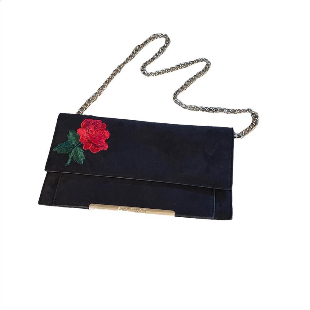 STEVE MADDEN Red Rose Embroidered Black Suede Clutch with Chains!